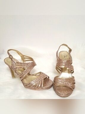 Adrianna Papell Becka Gold Color Strappy Slingback Platform Heels /Evening Shoes